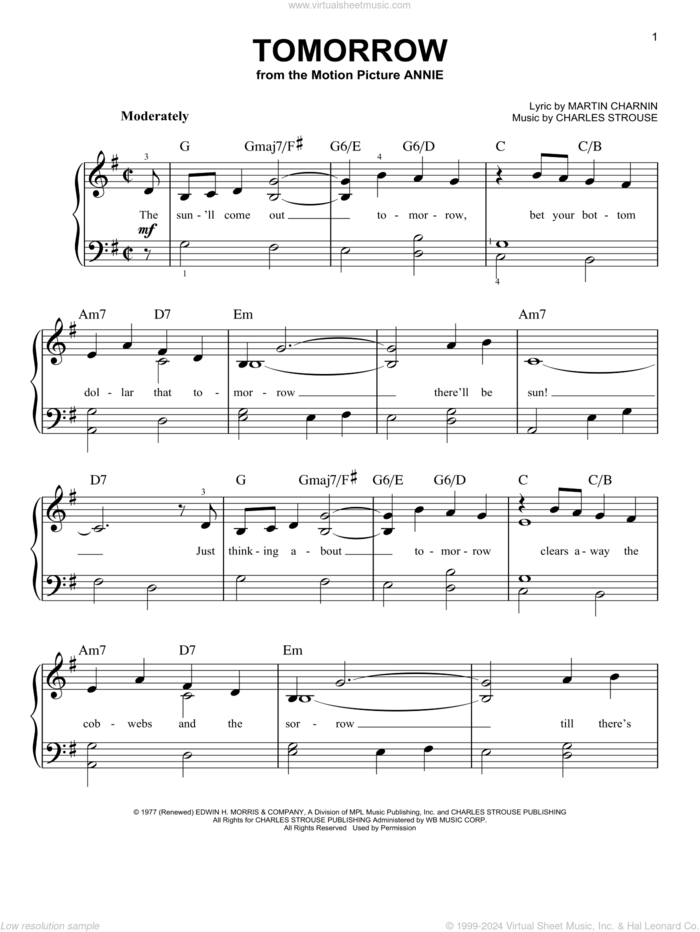 Tomorrow sheet music for piano solo by Charles Strouse, Annie (Musical) and Martin Charnin, beginner skill level