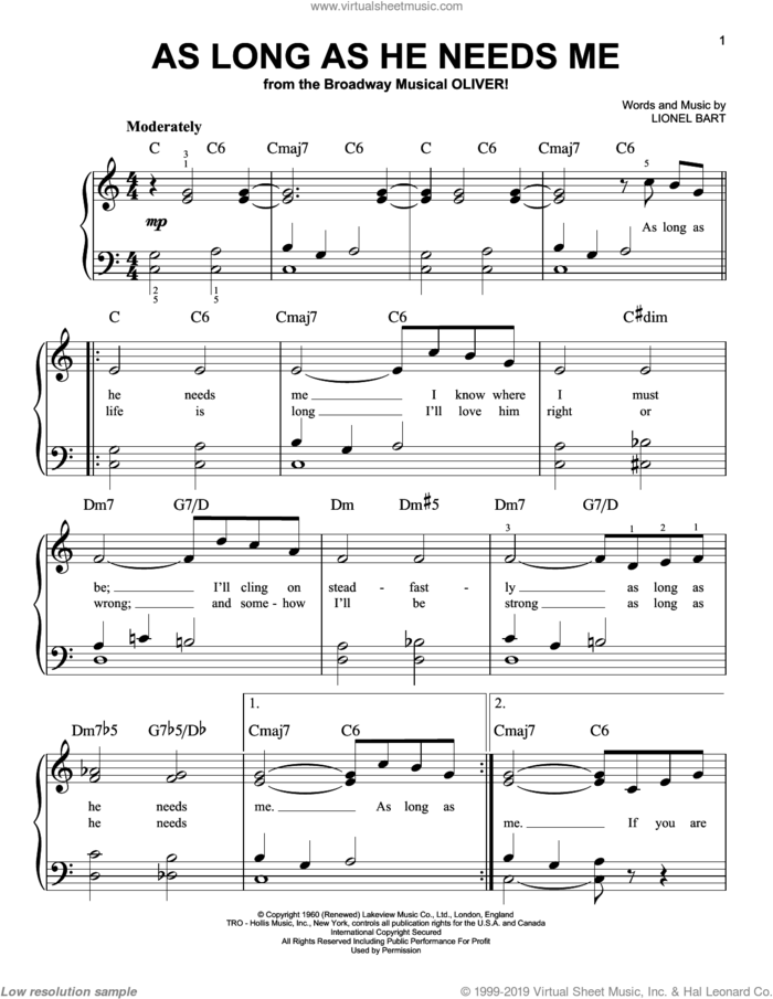 As Long As He Needs Me, (beginner) sheet music for piano solo by Lionel Bart and Oliver! (Musical), beginner skill level