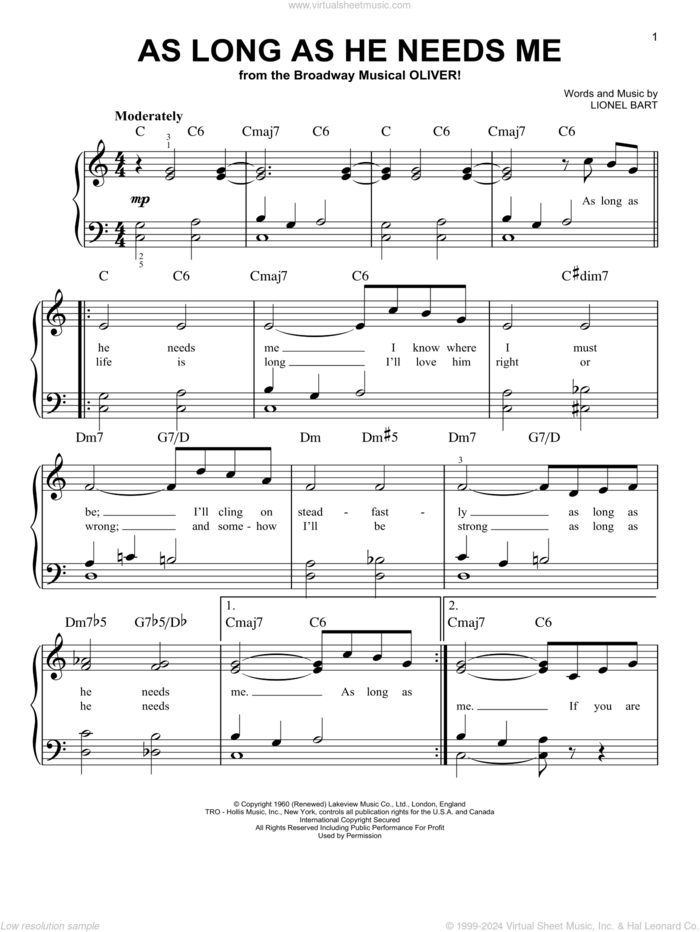 As Long As He Needs Me, (beginner) sheet music for piano solo by Lionel Bart and Oliver! (Musical), beginner skill level