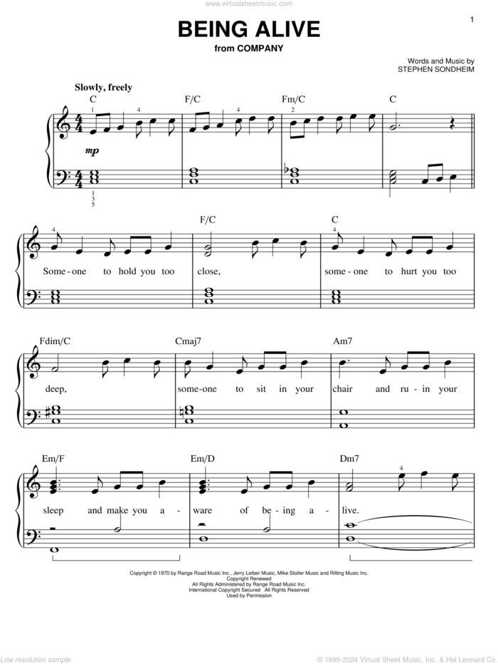 Being Alive, (easy) sheet music for piano solo by Stephen Sondheim and Company (Musical), easy skill level