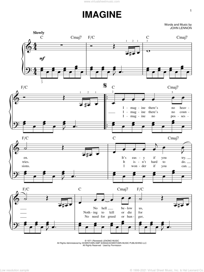 Imagine sheet music for piano solo by John Lennon and Miscellaneous, easy skill level