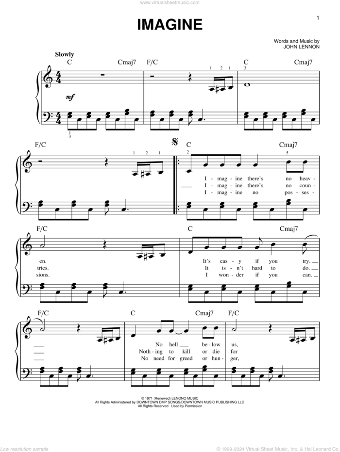 Imagine sheet music for piano solo by John Lennon and Miscellaneous, easy skill level