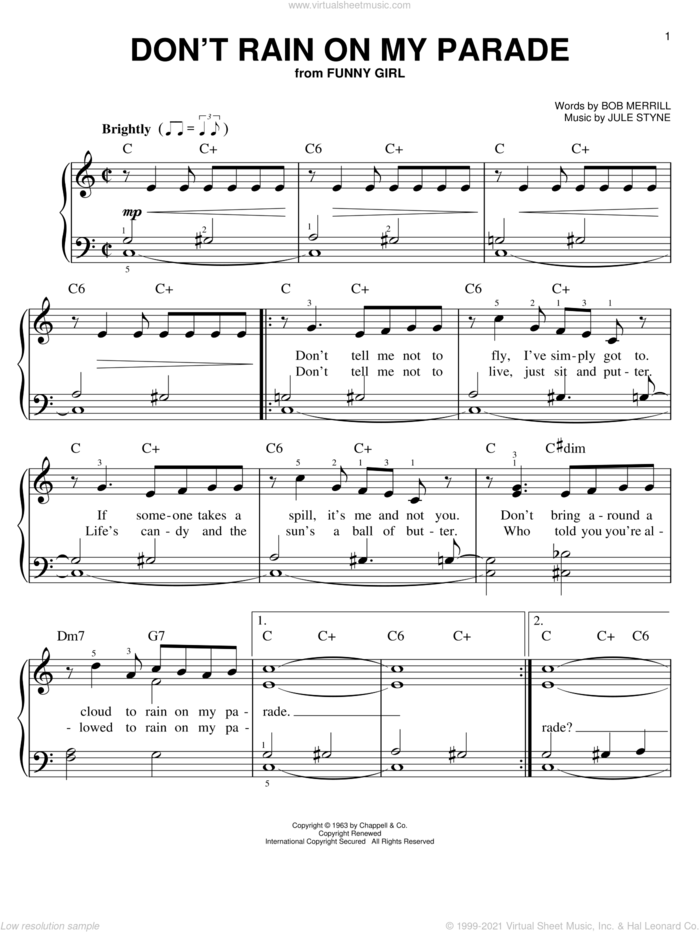 Don't Rain On My Parade sheet music for piano solo by Bob Merrill, Barbra Streisand, Miscellaneous and Jule Styne, easy skill level