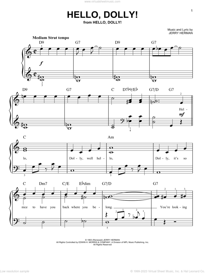 Hello, Dolly!, (easy) sheet music for piano solo by Louis Armstrong, Hello, Dolly! (Musical) and Jerry Herman, easy skill level