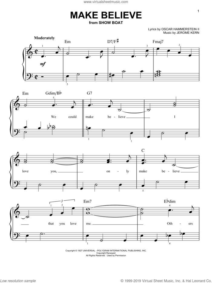 Make Believe sheet music for piano solo by Jerome Kern and Oscar II Hammerstein, easy skill level