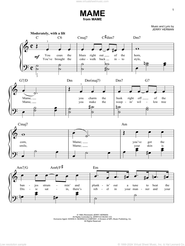 Mame sheet music for piano solo by Jerry Herman and Mame (Musical), beginner skill level