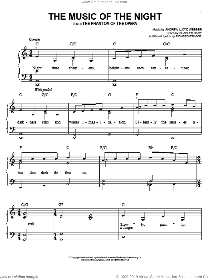 The Music Of The Night (from The Phantom Of The Opera), (easy) sheet music for piano solo by Andrew Lloyd Webber, The Phantom Of The Opera (Musical), Charles Hart and Richard Stilgoe, easy skill level