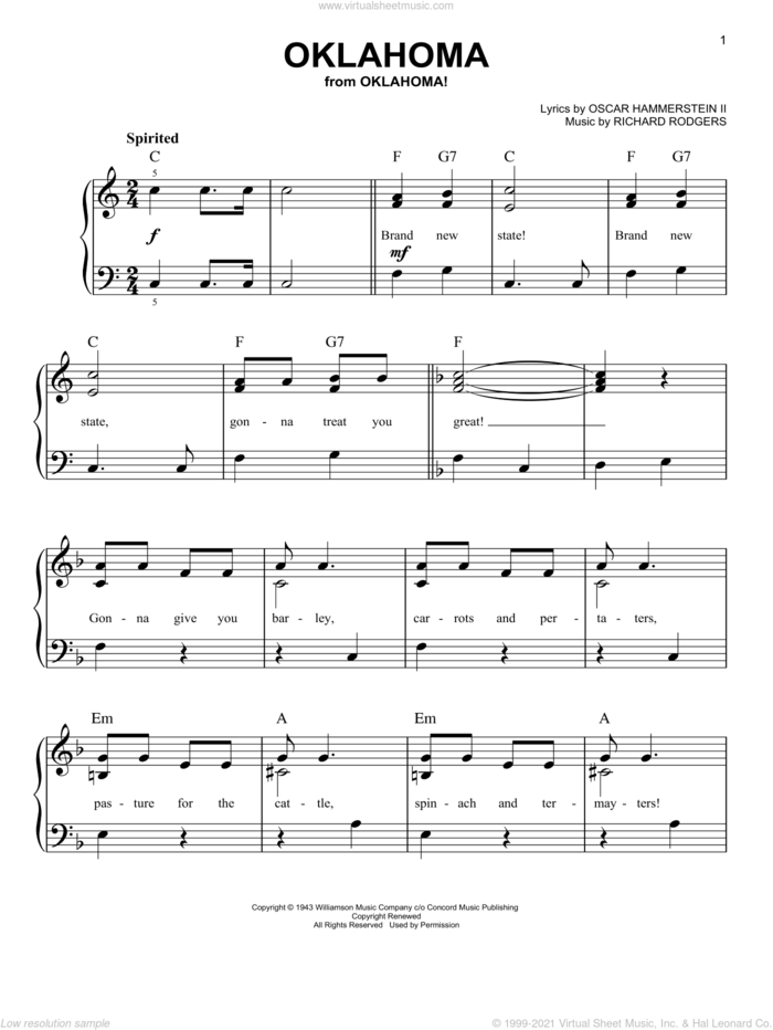 Oklahoma (from Oklahoma!), (easy) sheet music for piano solo by Rodgers & Hammerstein, Oklahoma! (Musical), Oscar II Hammerstein and Richard Rodgers, easy skill level