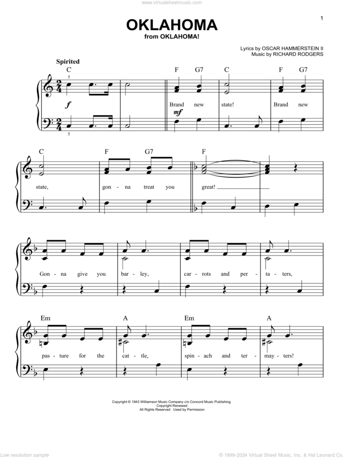 Oklahoma from Oklahoma easy Sheet Music For Piano Solo