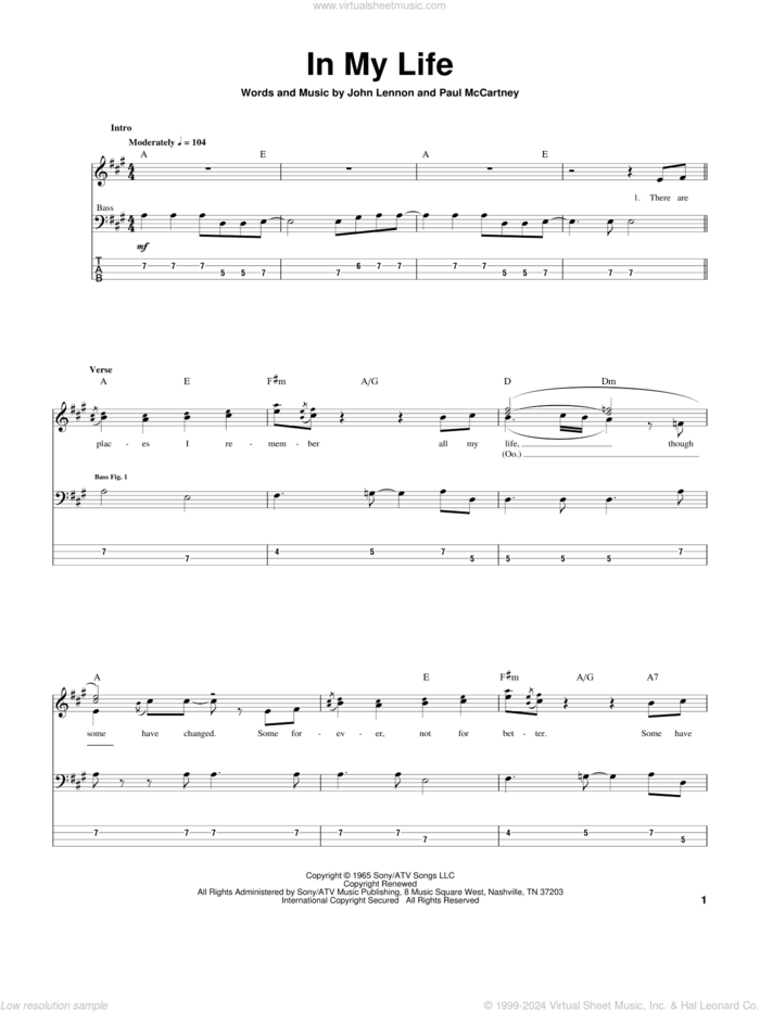 In My Life sheet music for bass (tablature) (bass guitar) by The Beatles, John Lennon and Paul McCartney, wedding score, intermediate skill level