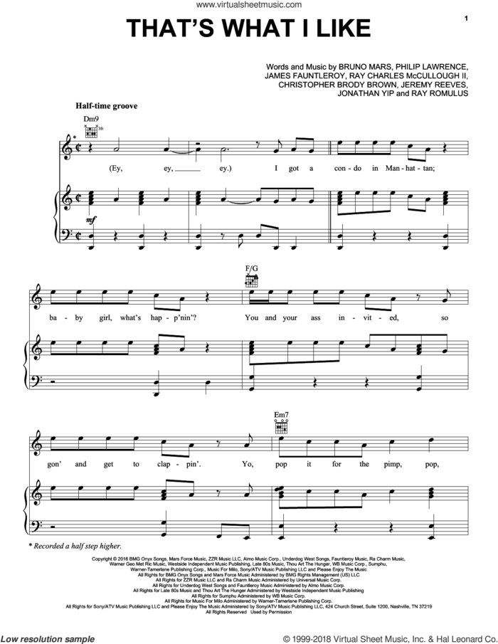 That's What I Like sheet music for voice, piano or guitar by Bruno Mars, Christopher Brody Brown, James Fauntleroy, Jeremy Reeves, Jonathan Yip, Philip Lawrence, Ray Charles McCullough II and Ray Romulus, intermediate skill level