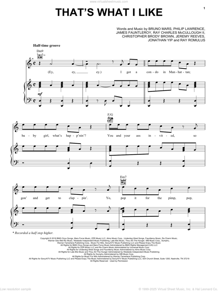 That's What I Like sheet music for voice, piano or guitar by Bruno Mars, Christopher Brody Brown, James Fauntleroy, Jeremy Reeves, Jonathan Yip, Philip Lawrence, Ray Charles McCullough II and Ray Romulus, intermediate skill level