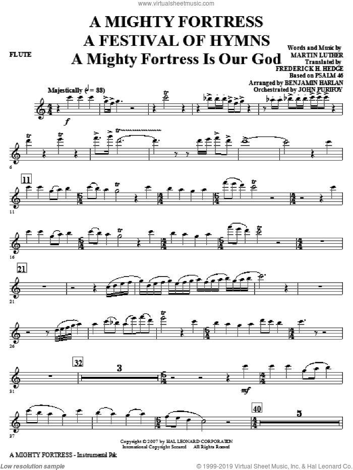 A Mighty Fortress, a festival of hymns sheet music for orchestra/band (flute) by Benjamin Harlan, Henry F. Lyte, John Purifoy, Mark Hill and William Henry Monk, intermediate skill level