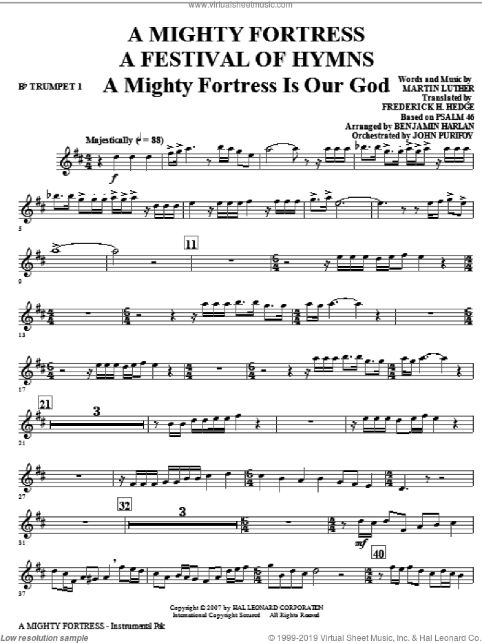 A Mighty Fortress, a festival of hymns sheet music for orchestra/band (bb trumpet 1) by Benjamin Harlan, Henry F. Lyte, John Purifoy, Mark Hill and William Henry Monk, intermediate skill level