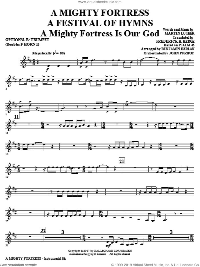 A Mighty Fortress, a festival of hymns sheet music for orchestra/band (opt. trumpet, doubles horn 1) by Benjamin Harlan, Henry F. Lyte, John Purifoy, Mark Hill and William Henry Monk, intermediate skill level