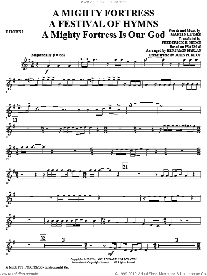 A Mighty Fortress, a festival of hymns sheet music for orchestra/band (f horn 1) by Benjamin Harlan, Henry F. Lyte, John Purifoy, Mark Hill and William Henry Monk, intermediate skill level