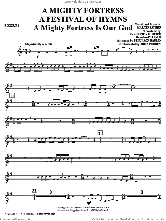 A Mighty Fortress, a festival of hymns sheet music for orchestra/band (f horn 2) by Benjamin Harlan, Henry F. Lyte, John Purifoy, Mark Hill and William Henry Monk, intermediate skill level
