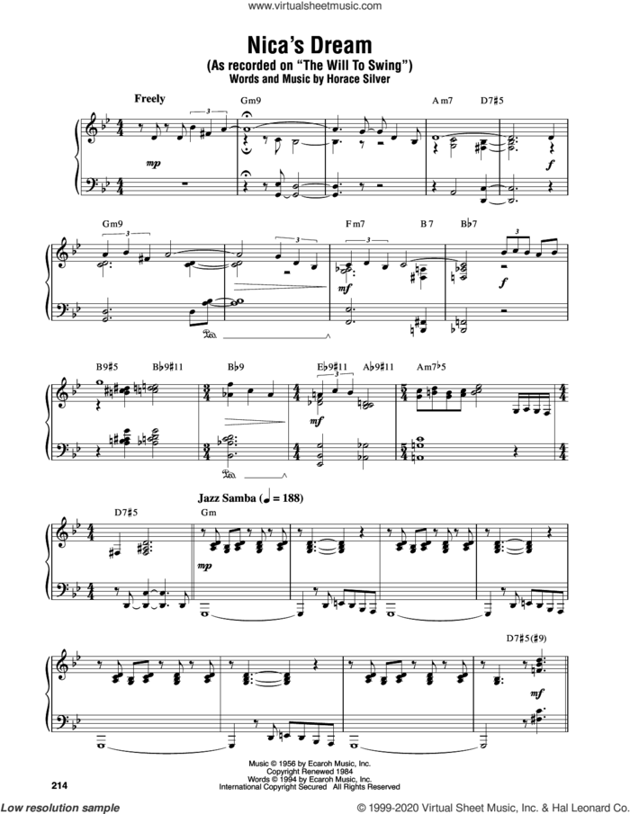 Nica's Dream sheet music for piano solo (transcription) by Oscar Peterson and Horace Silver, intermediate piano (transcription)