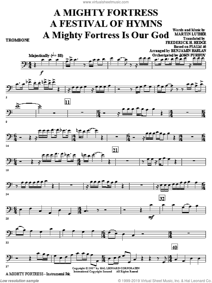 A Mighty Fortress, a festival of hymns sheet music for orchestra/band (trombone) by Benjamin Harlan, Henry F. Lyte, John Purifoy, Mark Hill and William Henry Monk, intermediate skill level