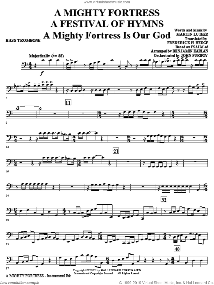 A Mighty Fortress, a festival of hymns sheet music for orchestra/band (bass trombone) by Benjamin Harlan, Henry F. Lyte, John Purifoy, Mark Hill and William Henry Monk, intermediate skill level