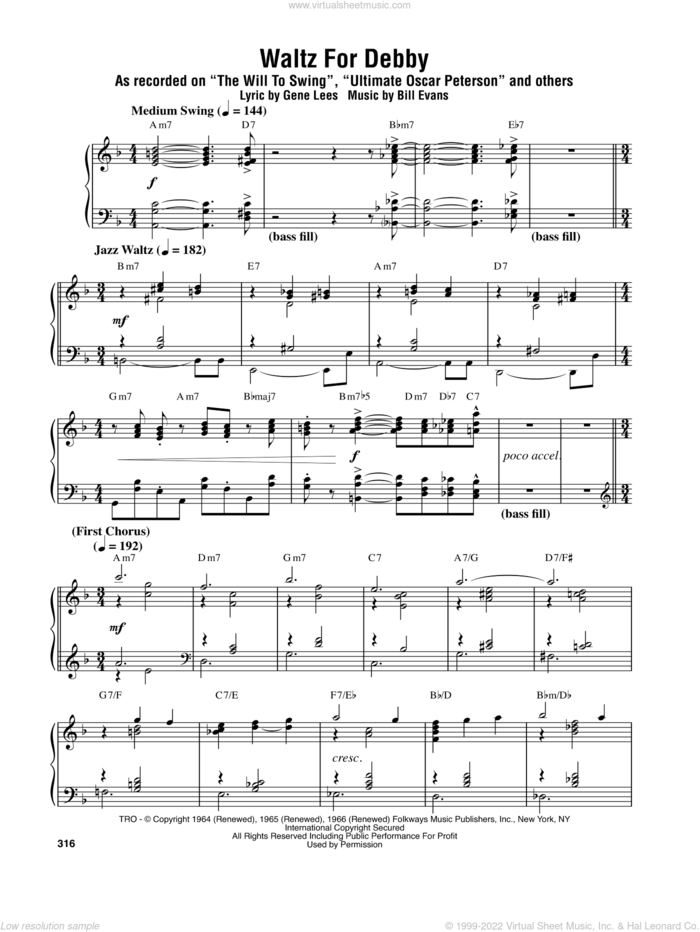 Waltz For Debby sheet music for piano solo (transcription) by Oscar Peterson, Bill Evans and Eugene John Lees, intermediate piano (transcription)