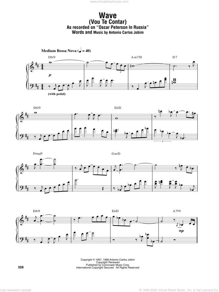 Wave sheet music for piano solo (transcription) by Oscar Peterson and Antonio Carlos Jobim, intermediate piano (transcription)