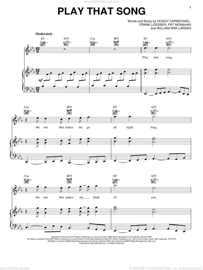Play That Song sheet music for voice, piano or guitar by Train, Frank Loesser, Hoagy Carmichael, Pat Monahan and William Larsen, intermediate skill level