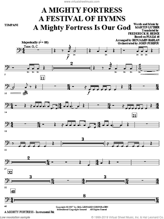A Mighty Fortress, a festival of hymns sheet music for orchestra/band (timpani) by Benjamin Harlan, Henry F. Lyte, John Purifoy, Mark Hill and William Henry Monk, intermediate skill level