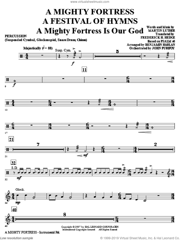 A Mighty Fortress, a festival of hymns sheet music for orchestra/band (percussion) by Benjamin Harlan, Henry F. Lyte, John Purifoy, Mark Hill and William Henry Monk, intermediate skill level