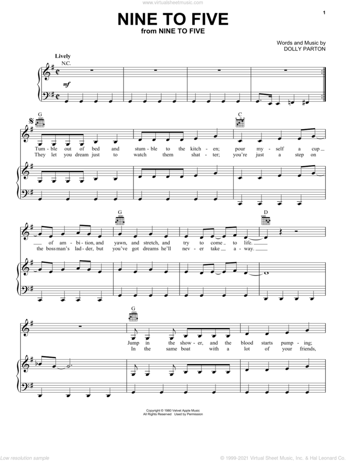 Nine To Five sheet music for voice, piano or guitar by Dolly Parton, intermediate skill level