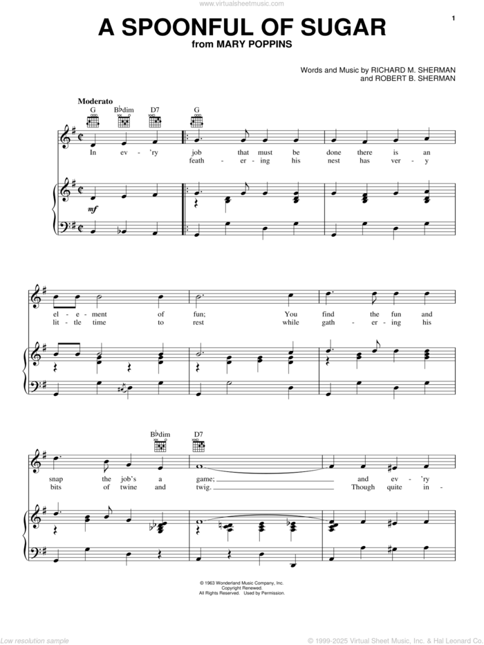 A Spoonful Of Sugar (from Mary Poppins) sheet music for voice, piano or guitar by Richard M. Sherman, Julie Andrews, Mary Poppins (Movie), Robert B. Sherman and Sherman Brothers, intermediate skill level