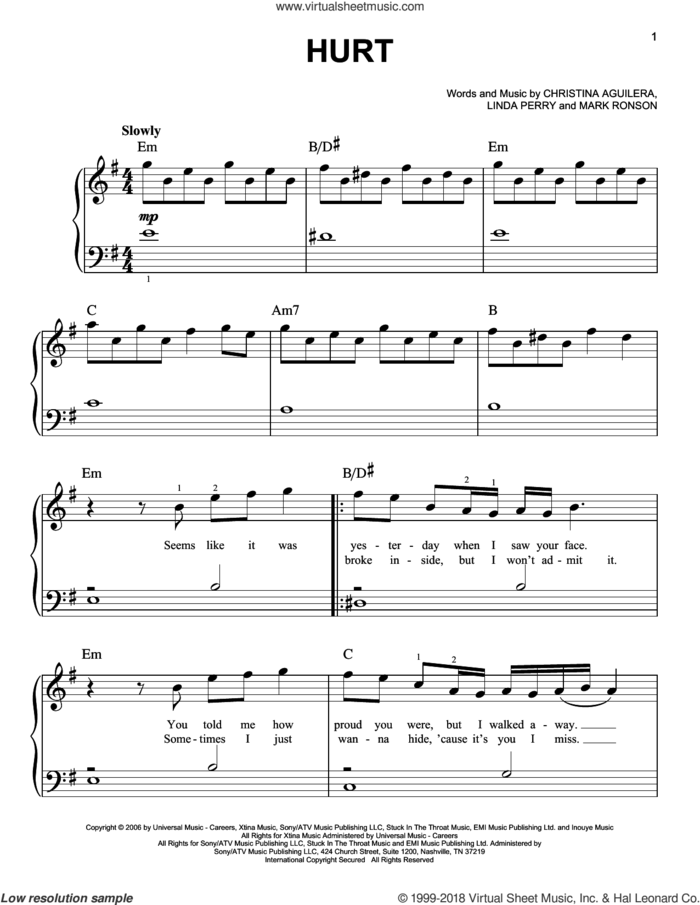 Hurt sheet music for piano solo by Christina Aguilera, Linda Perry and Mark Ronson, easy skill level