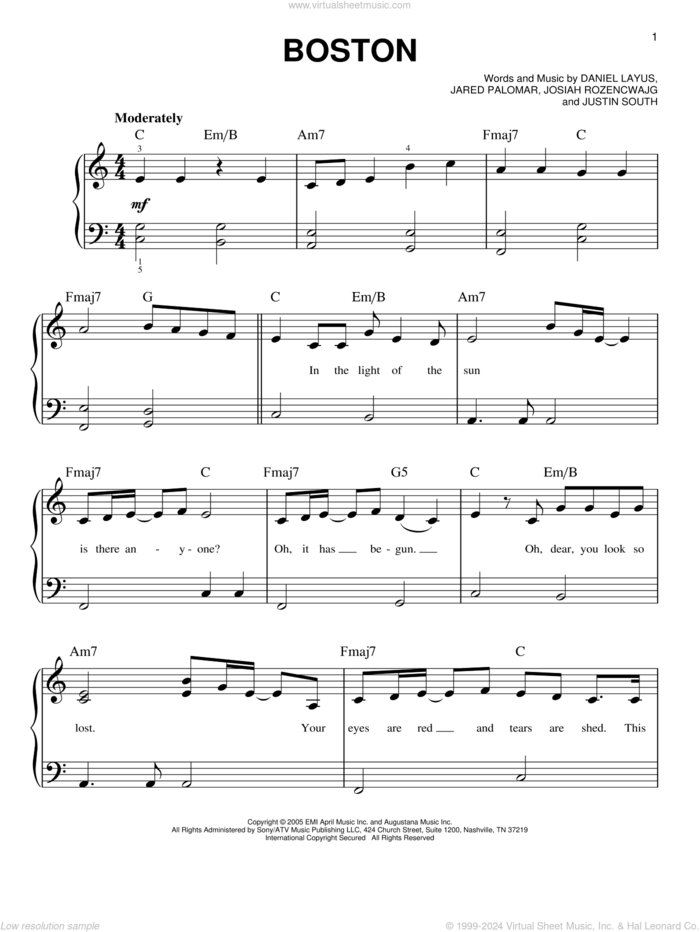 Boston sheet music for piano solo by Augustana, Daniel Layus, Jared Palomar, Josiah Rozencwajg and Justin South, easy skill level