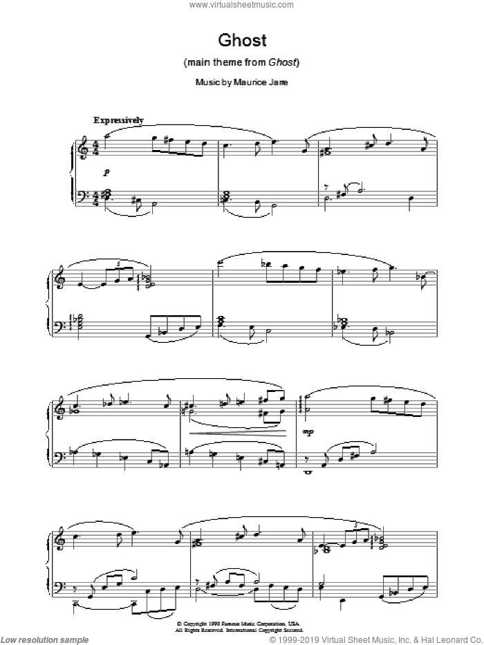 Ghost (Theme) sheet music for piano solo by Maurice Jarre, intermediate skill level