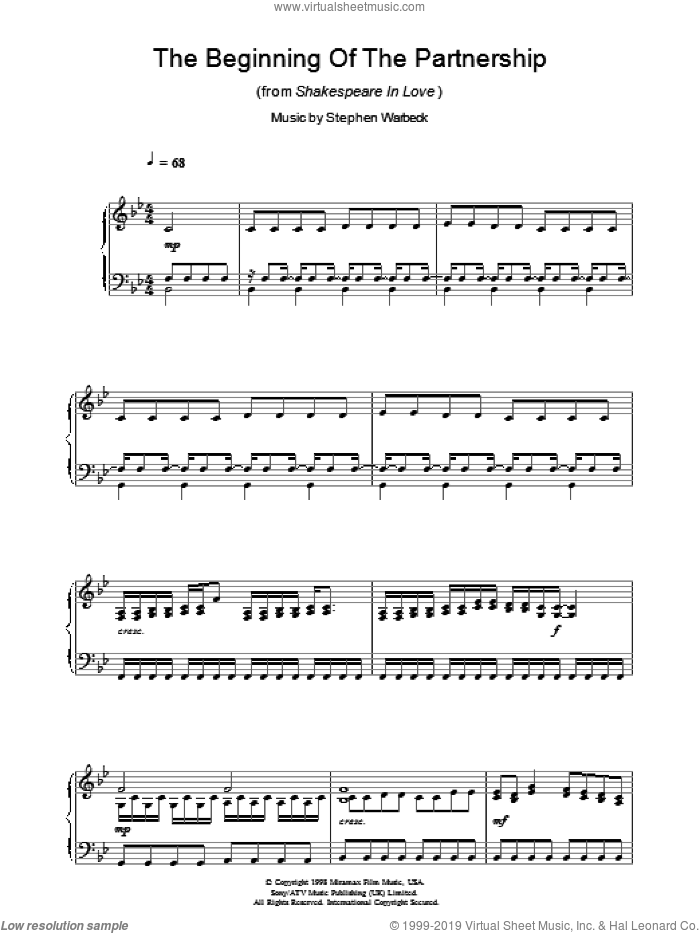 The Beginning Of The Partnership (from Shakespeare In Love) sheet music for piano solo by Stephen Warbeck, intermediate skill level