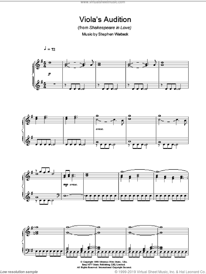 Viola's Audition (from Shakespeare In Love) sheet music for piano solo by Stephen Warbeck, intermediate skill level