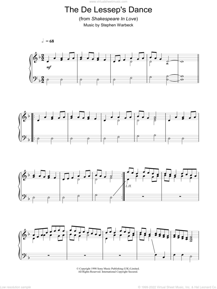 The De Lessep's Dance (from Shakespeare In Love) sheet music for piano solo by Stephen Warbeck, intermediate skill level