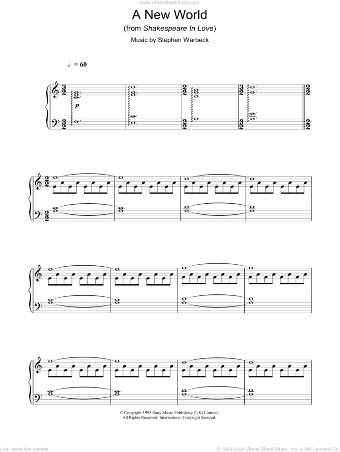 A New World (from Shakespeare In Love) sheet music for piano solo by Stephen Warbeck, intermediate skill level