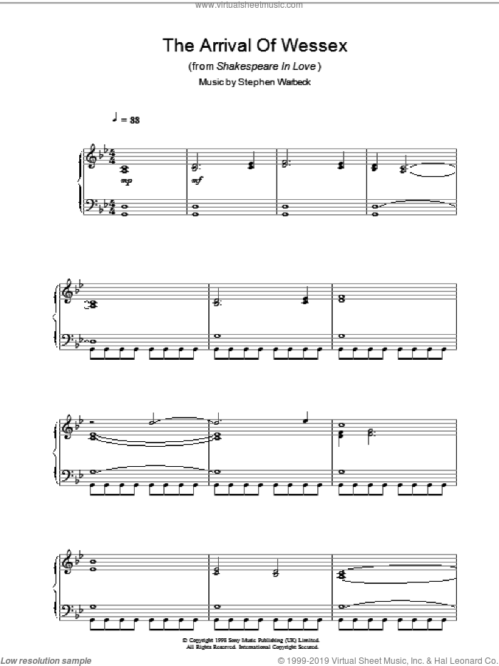 The Arrival Of Wessex (from Shakespeare In Love) sheet music for piano solo by Stephen Warbeck, intermediate skill level