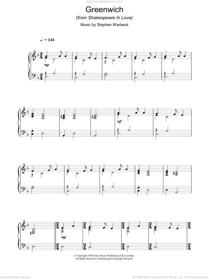 Greenwich (from Shakespeare In Love) sheet music for piano solo by Stephen Warbeck, intermediate skill level