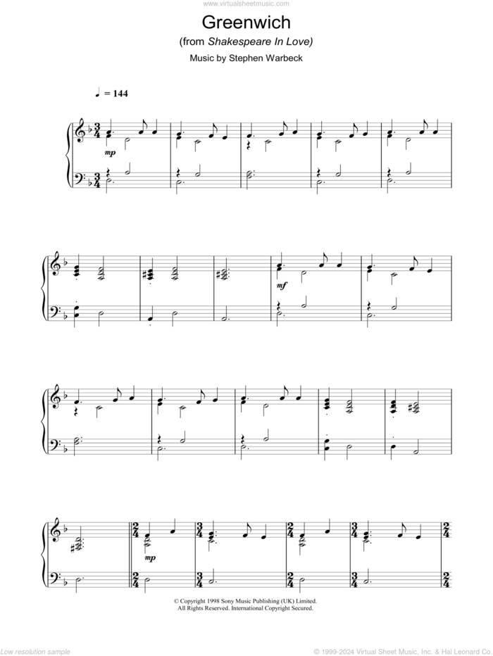 Greenwich (from Shakespeare In Love) sheet music for piano solo by Stephen Warbeck, intermediate skill level