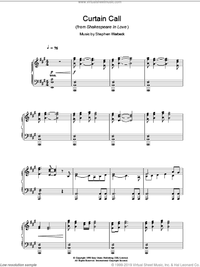 Curtain Call (from Shakespeare In Love) sheet music for piano solo by Stephen Warbeck, intermediate skill level