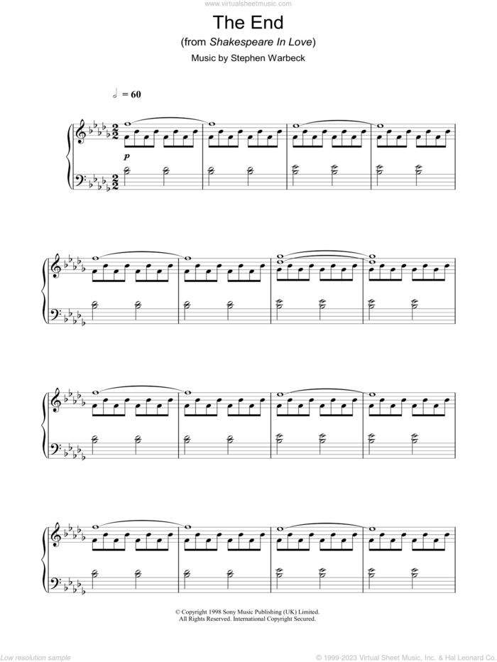 The End (from Shakespeare In Love) sheet music for piano solo by Stephen Warbeck, intermediate skill level