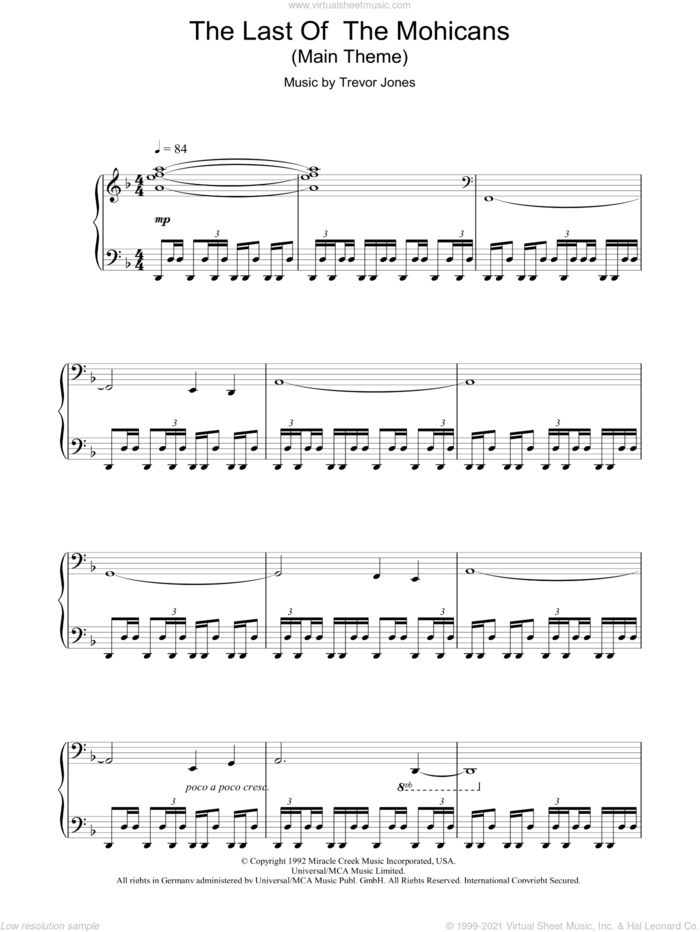 The Last Of The Mohicans (Main Title) sheet music for piano solo by Trevor Jones, intermediate skill level