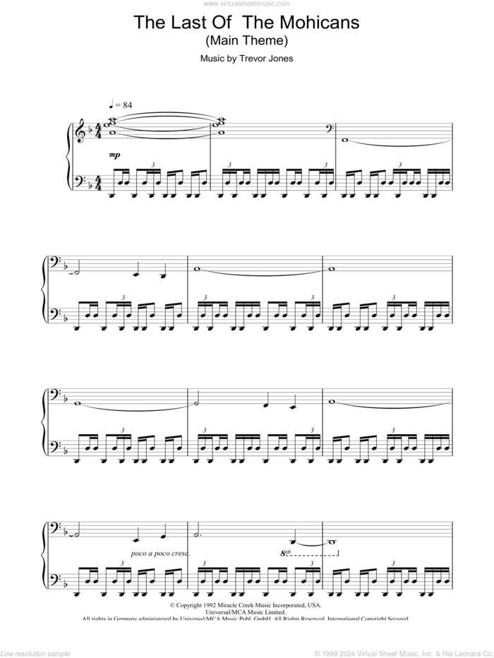 The Last Of The Mohicans (Main Title) sheet music for piano solo by Trevor Jones, intermediate skill level