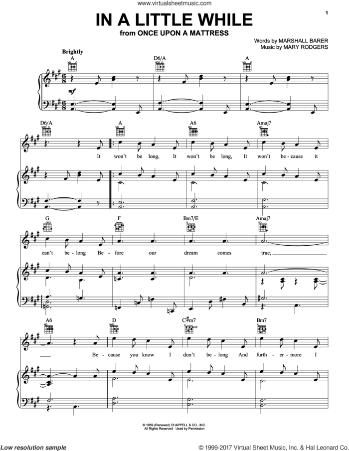 In A Little While sheet music for voice, piano or guitar by Rodgers & Barer, Marshall Barer and Mary Rodgers, intermediate skill level