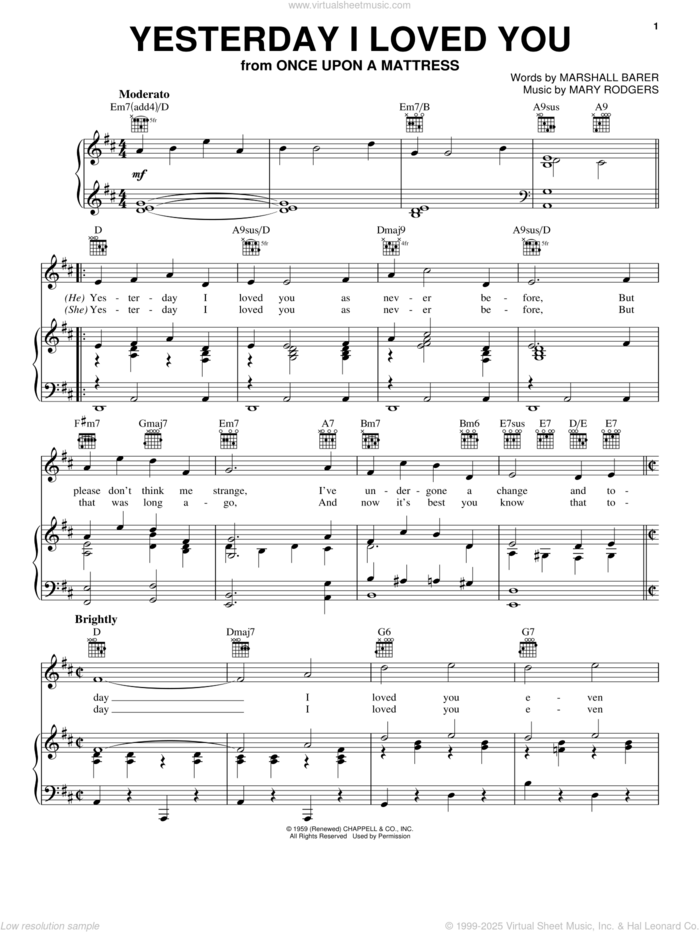 Yesterday I Loved You sheet music for voice, piano or guitar by Rodgers & Barer, Marshall Barer and Mary Rodgers, intermediate skill level