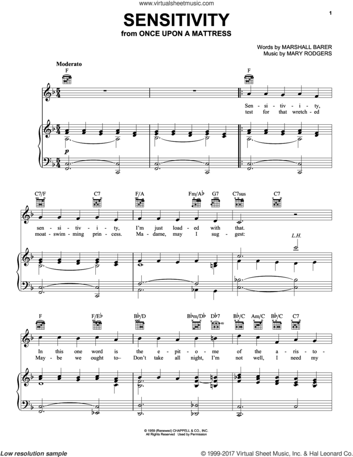 Sensitivity sheet music for voice, piano or guitar by Rodgers & Barer, Marshall Barer and Mary Rodgers, intermediate skill level