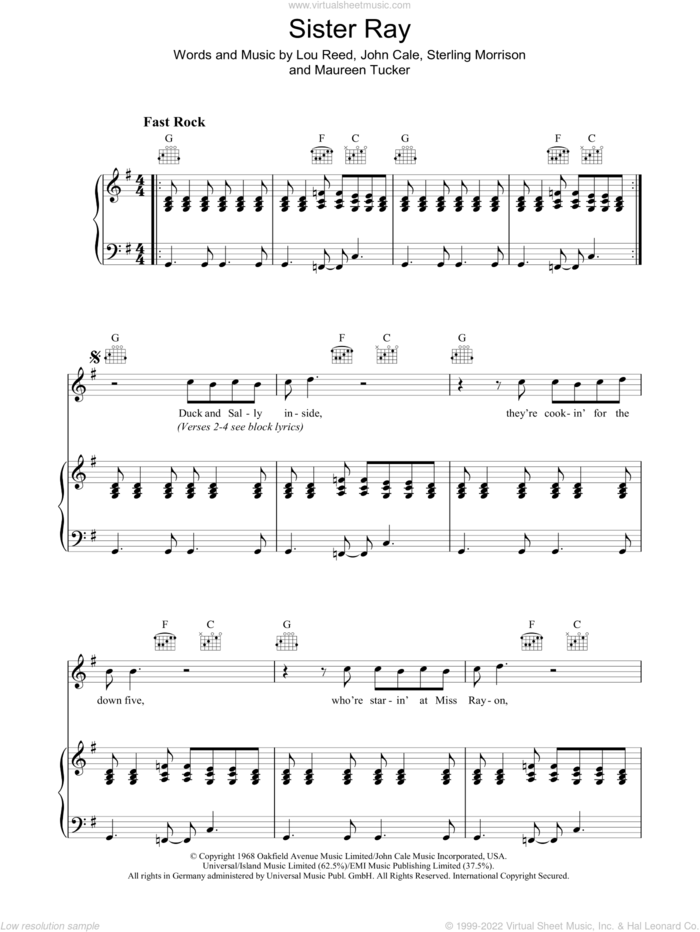 Sister Ray sheet music for voice, piano or guitar by The Velvet Underground, John Cale, Lou Reed, Maureen Tucker and Sterling Morrison, intermediate skill level
