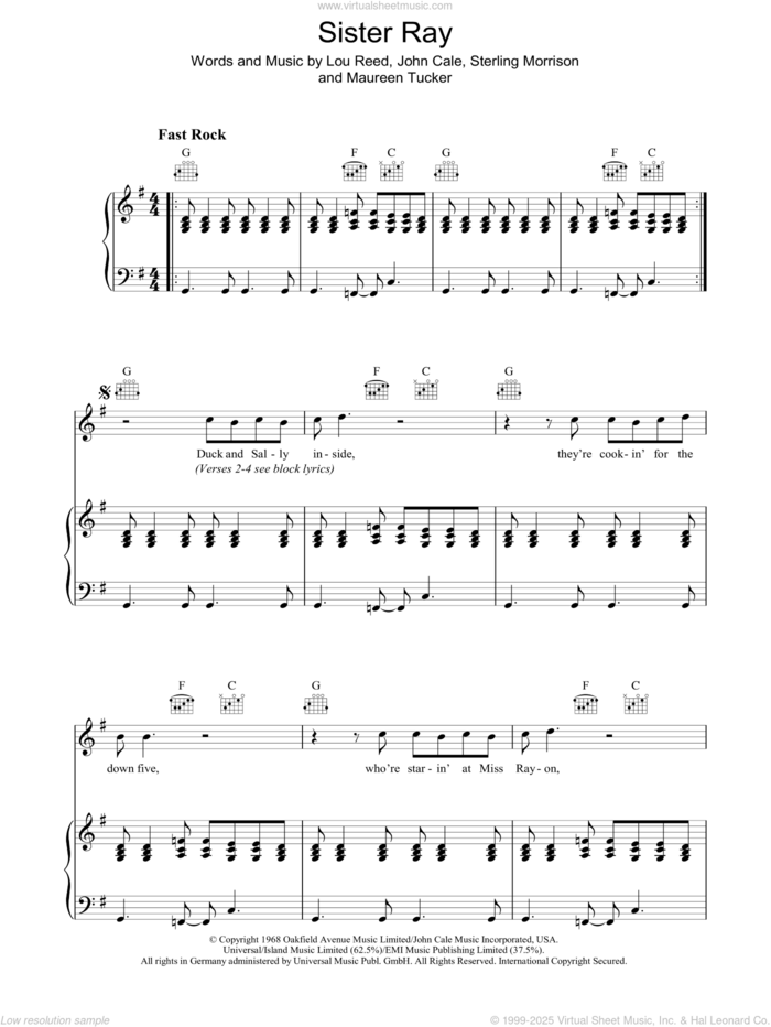 Sister Ray sheet music for voice, piano or guitar by The Velvet Underground, John Cale, Lou Reed, Maureen Tucker and Sterling Morrison, intermediate skill level